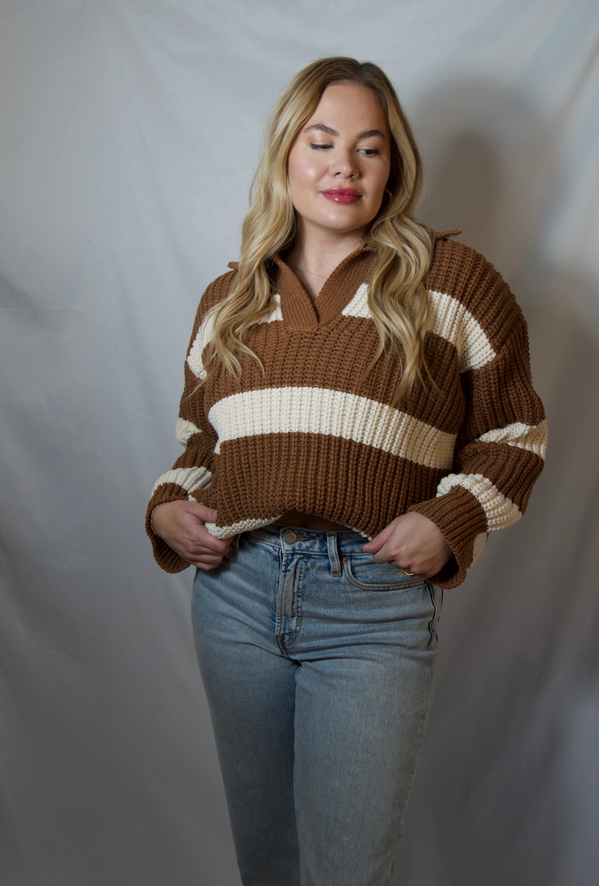 brown and white striped sweater knit chunky oversized