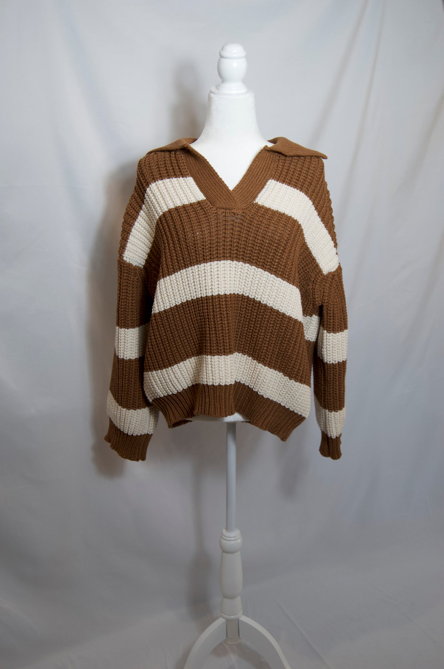 brown and white striped sweater knit chunky oversized