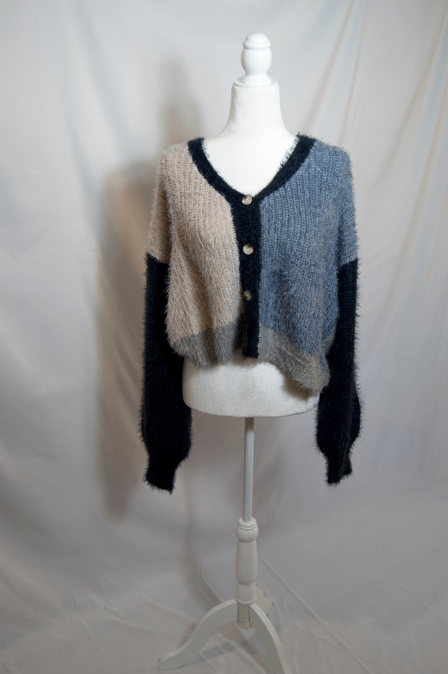 navy light blue and silver color block fuzzy button up cardigan oversized