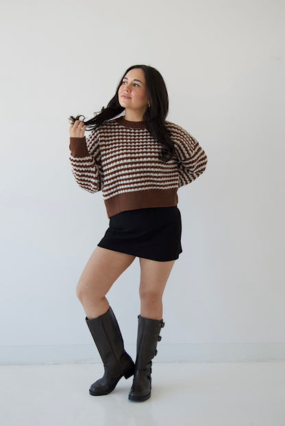 Picture features a brown sweater with light blue stripes on a model wearing a black mini skirt and brown moto knee high boots.