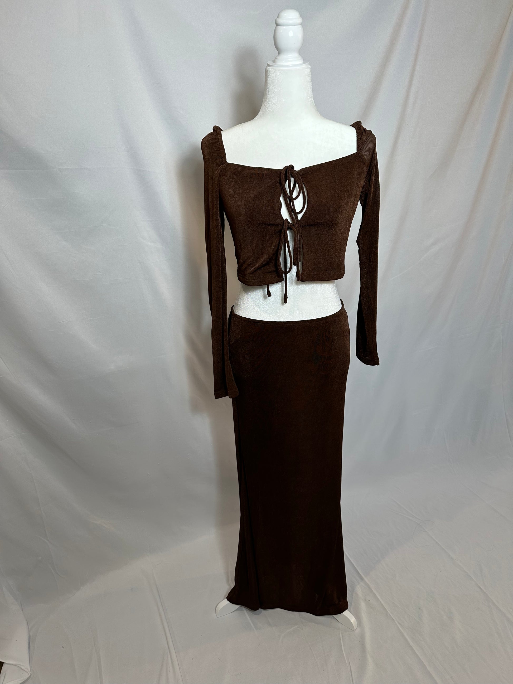 brown two piece set with long sleeve tie front top and midi skirt with slip underneath