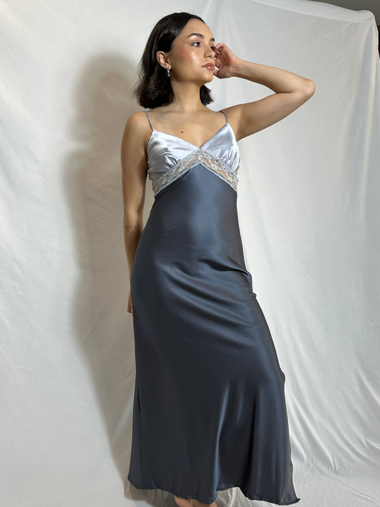 satin midi dress with dusty blue light blue and silver lace detailing spaghetti straps and v neck style