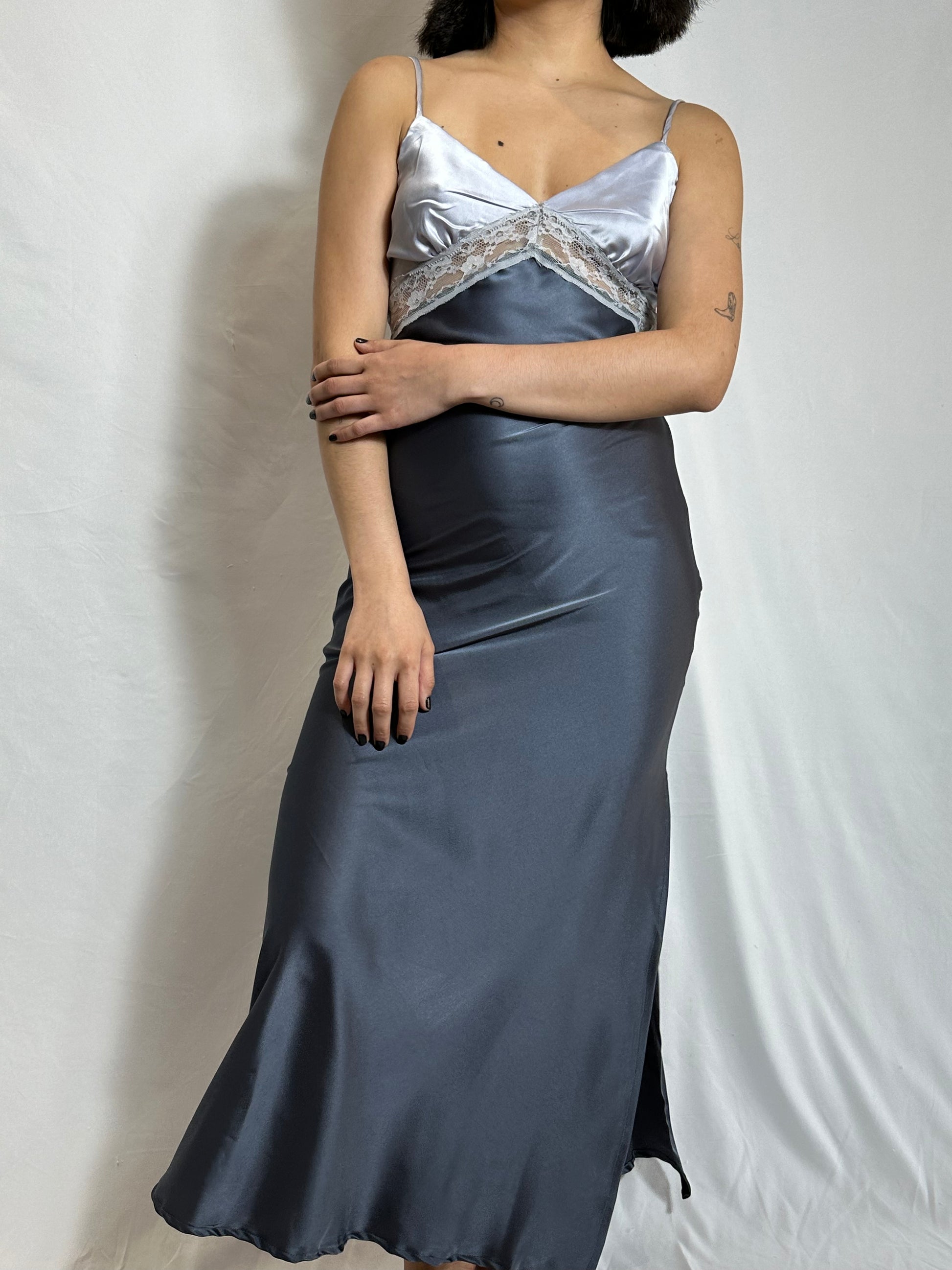 satin midi dress with dusty blue light blue and silver lace detailing spaghetti straps and v neck style