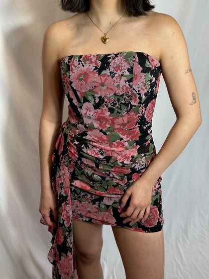 red pink and black floral mini dress with tie accent on side