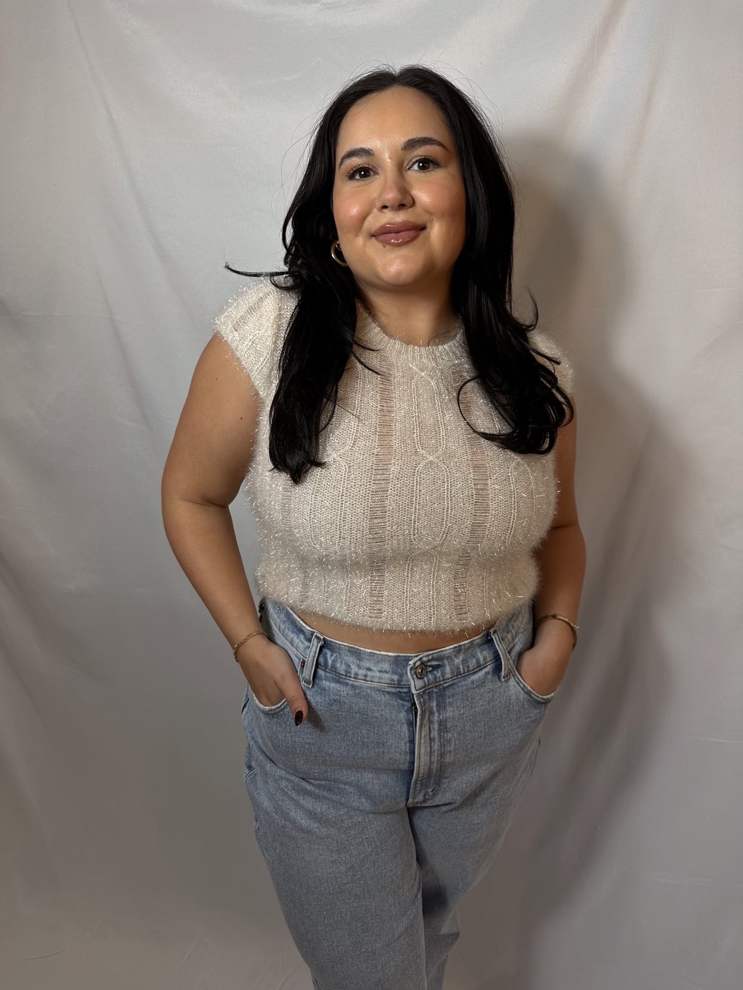 cream colored quarter sleeve subtle sparkly sweater top