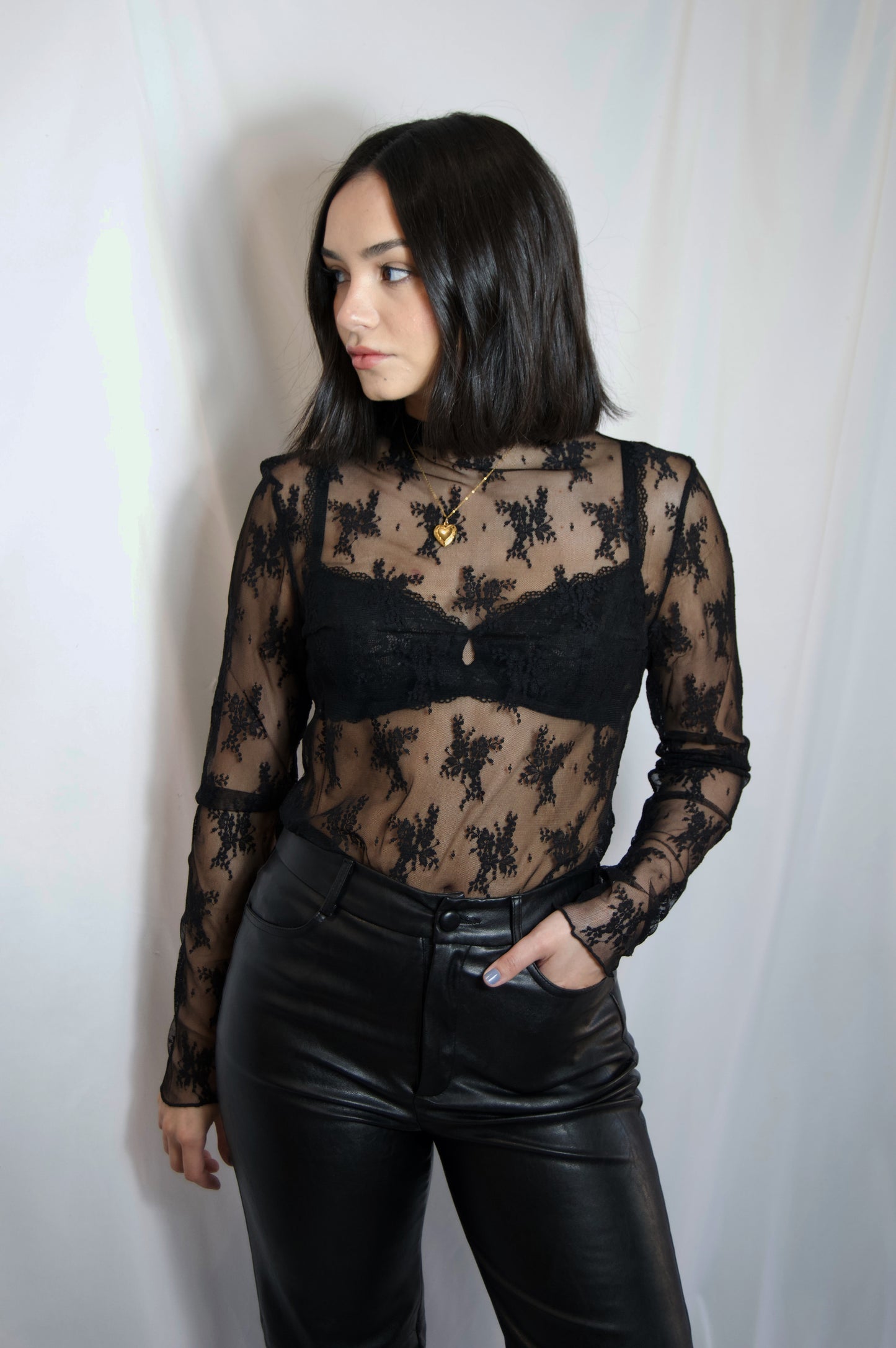 long sleeve high neck black lace stretchy top