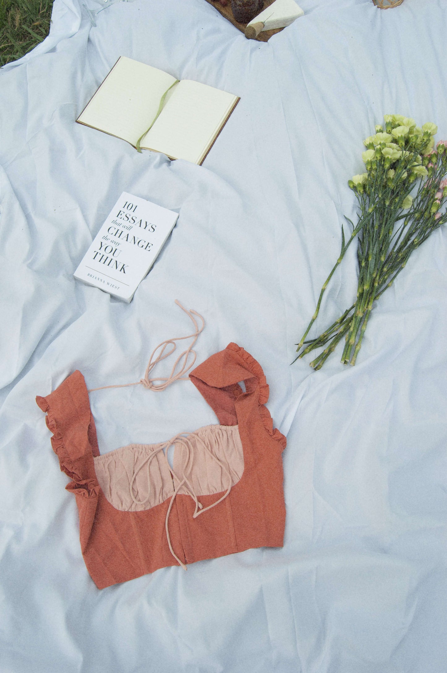 pink color block corset style top in flat lay against picnic background.