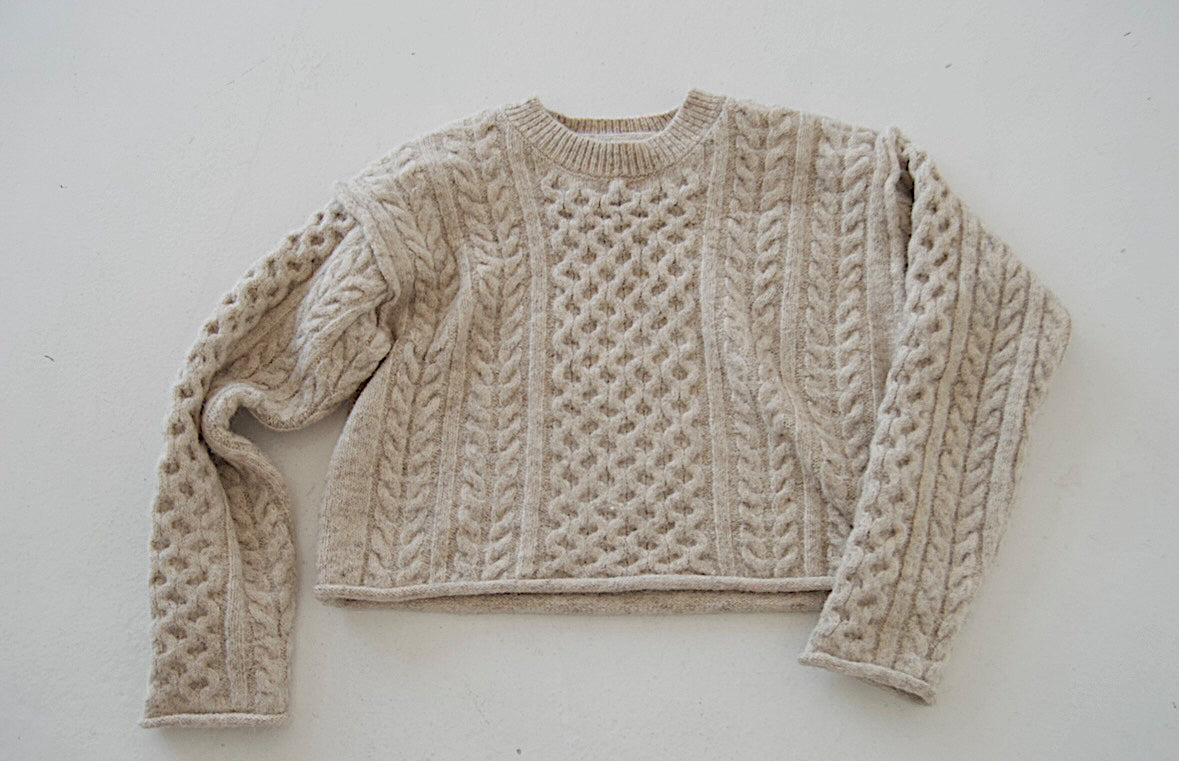 Picture features a neutral cable knit sweater on a flat lay.