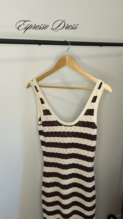 brown and white striped knit maxi dress on hanger with name espresso dress